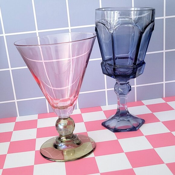 Retro Mis Matched Drinking Glass Set Vintage Post Modern Home Decor Unique Wine - Picture 3 of 7